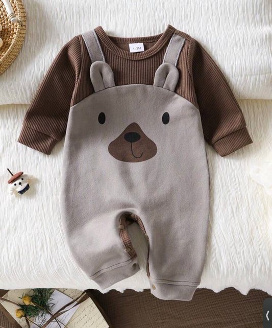 1pc Newborn Baby Cute Bear Jumpsuit, Long Sleeve Jumpsuit With Suspender Design