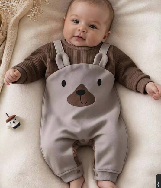 1pc Newborn Baby Cute Bear Jumpsuit, Long Sleeve Jumpsuit With Suspender Design