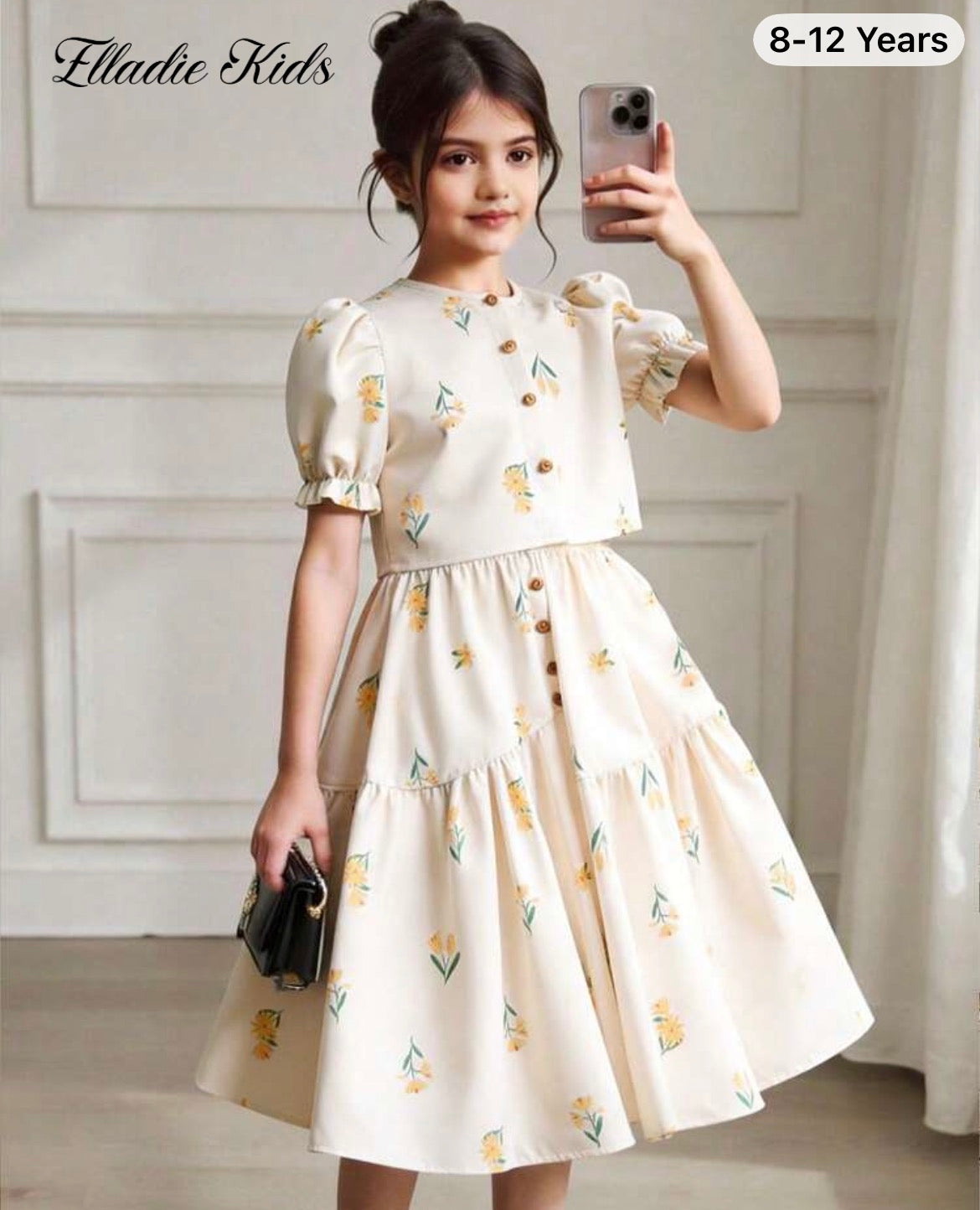 Print Petal Sleeve Shirt Asymmetric Button Skirt Set,