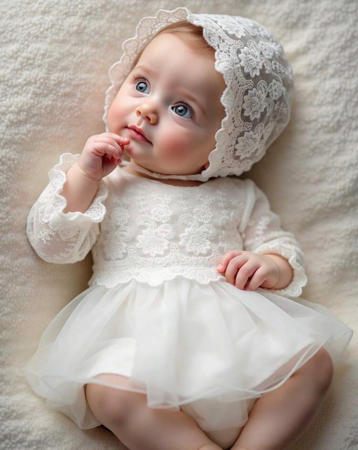 White Lace Dress,2 Pieces Puff-Sleeve Mesh Round Neck Fitted Christening Gown & Hat