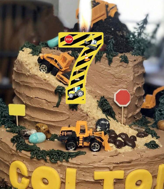 Yellow & Black Striped Excavator Construction Site Themed Digits 0-9 Birthday Candles