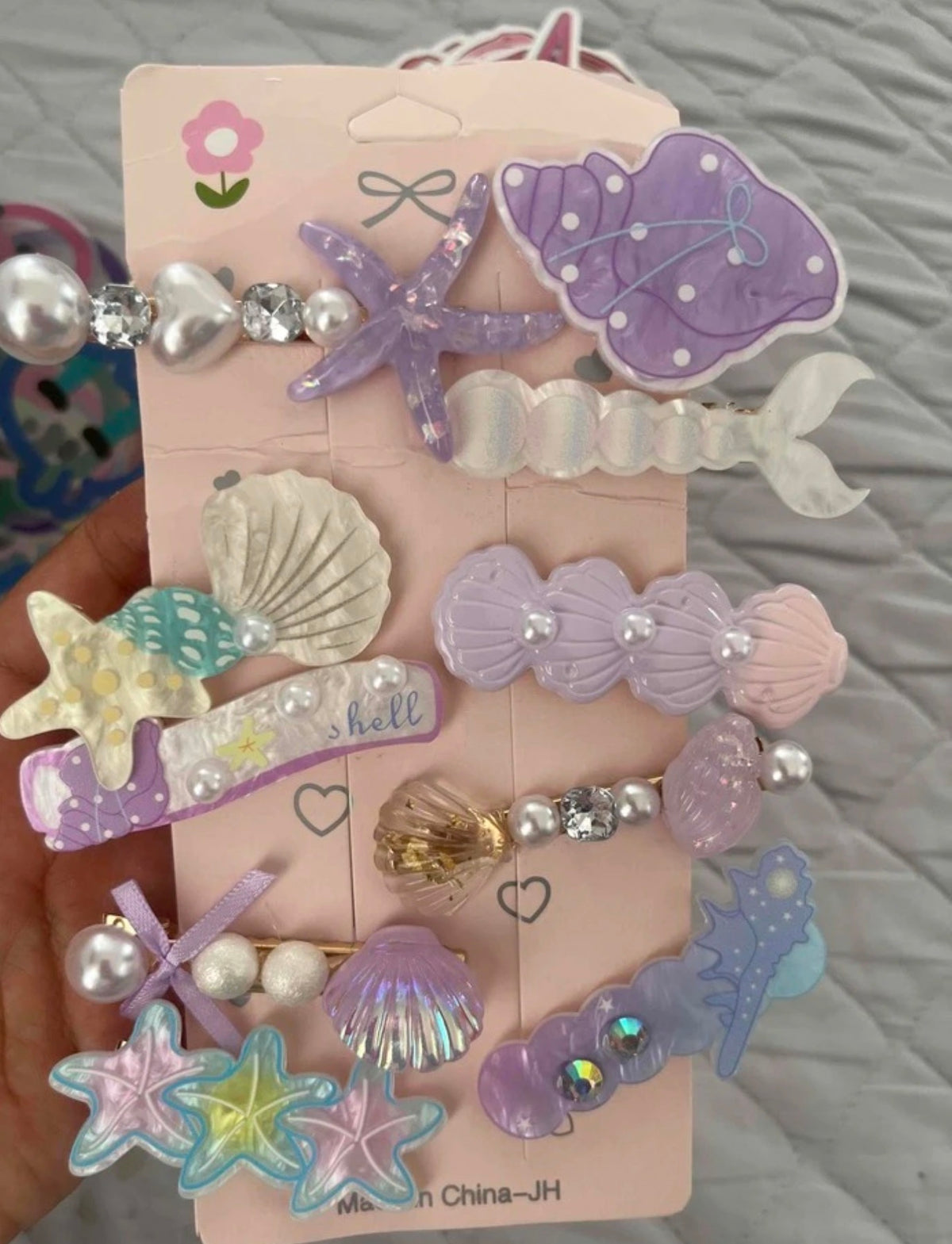 10pcs Cute Mermaid Hair Clips, Acrylic Shell & Star Hair Clips With Faux Pearl