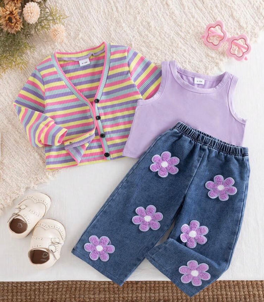 3pcs Rainbow Striped V-Neck Button-Up Long Sleeve Cardigan With Solid Color Sleeveless Inner Top, Wide Leg Pants With 3D Floral