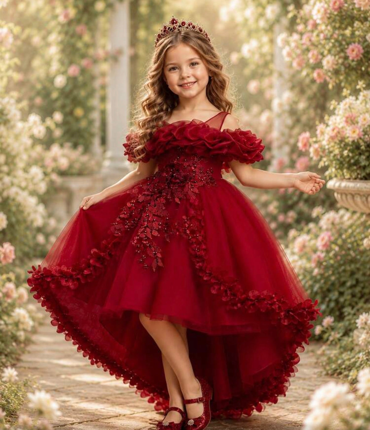 Lace Beaded Floral Petal Elegant Asymmetric Hem Flower Girl Wedding Party Princess Dress
