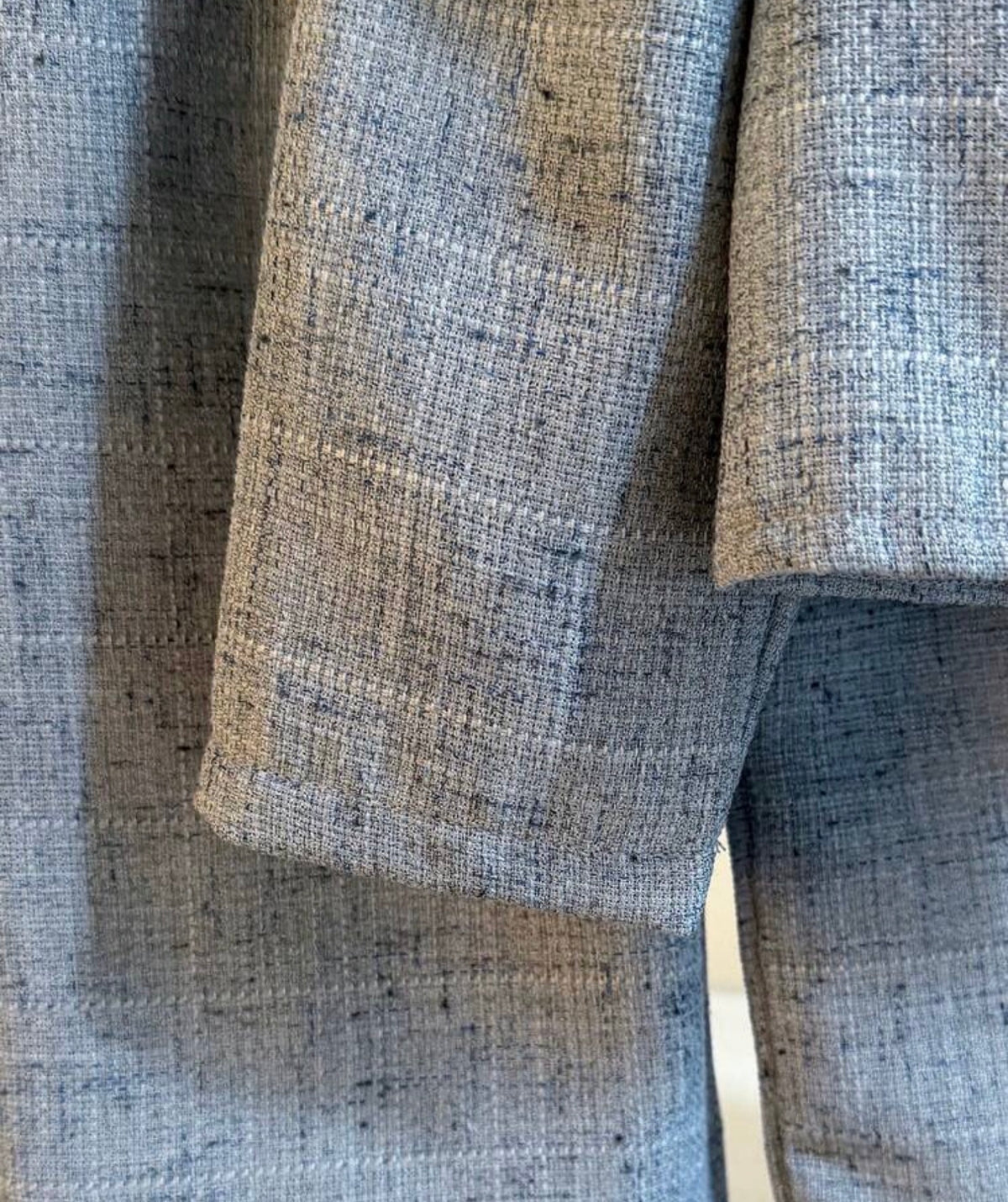 2 Pieces Set, Light Blue Tweed Short Blazer Paired With Matching Wide Leg Pants