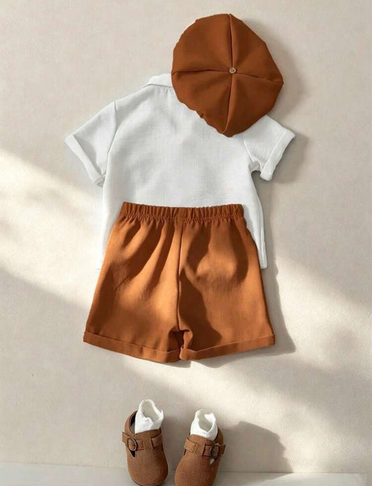 White Short Sleeve Polo Shirt,Regular Shorts,Hat