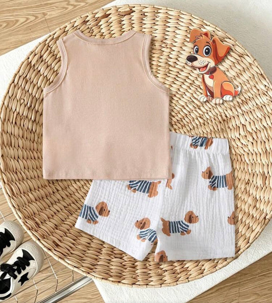 Puppy Print Newborn 2 PCS Set Soft Textured Sleeveless Tank Top Paired With Cute Puppy Pattern Shorts