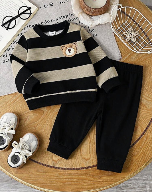 Striped Crew Neck Long Sleeve Bear Graphic Top Slim Fit Pants