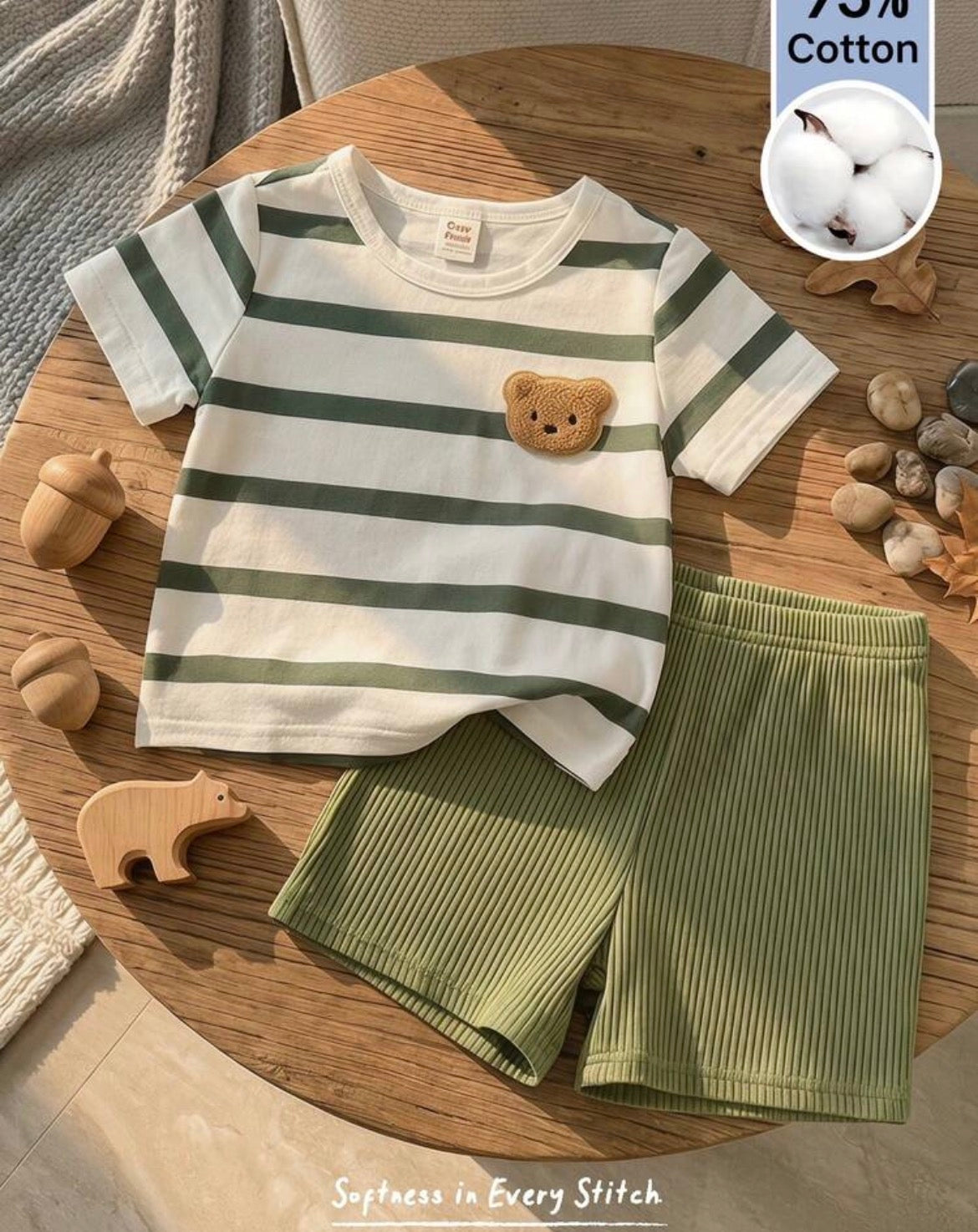 2pcs/Set Cartoon Striped 3D Bear Pattern Round Neck Short Sleeve T-Shirt And Shorts