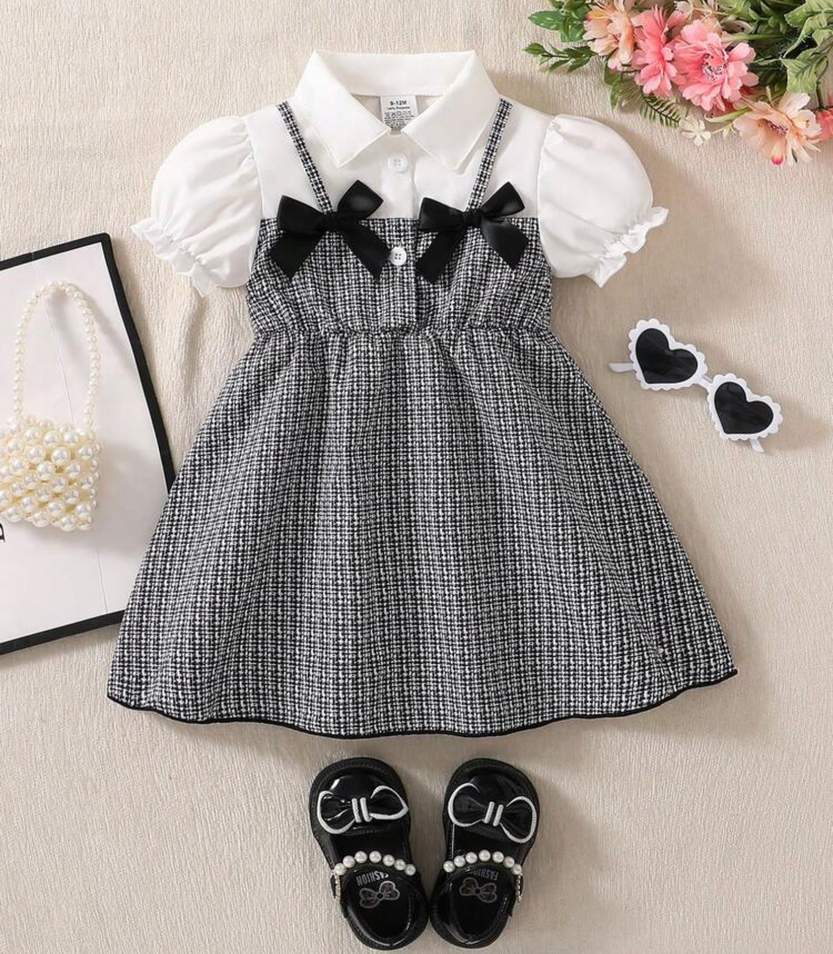 Black & White Plaid Main Color, Black Bow