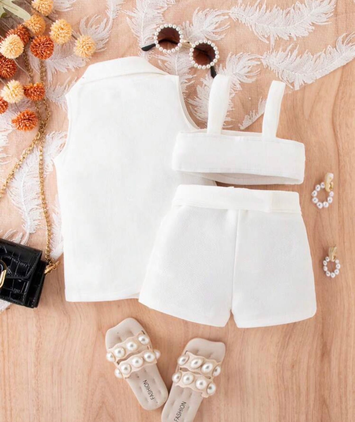 3Pieces  Cami Top & Belted Shorts & Vest Elegant Buttoned White Polyester Coat