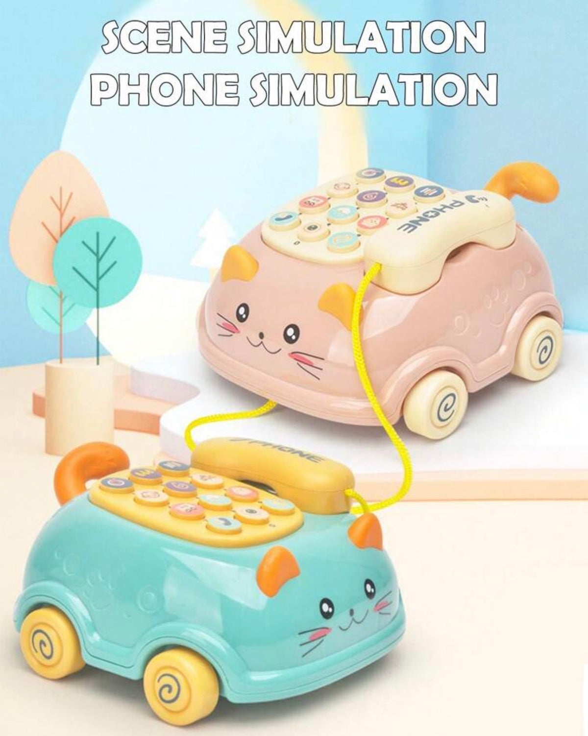 1pc Multifunction Pull String Phone Car Toy, Music Toy Car With Pull Cord And Light & Sound