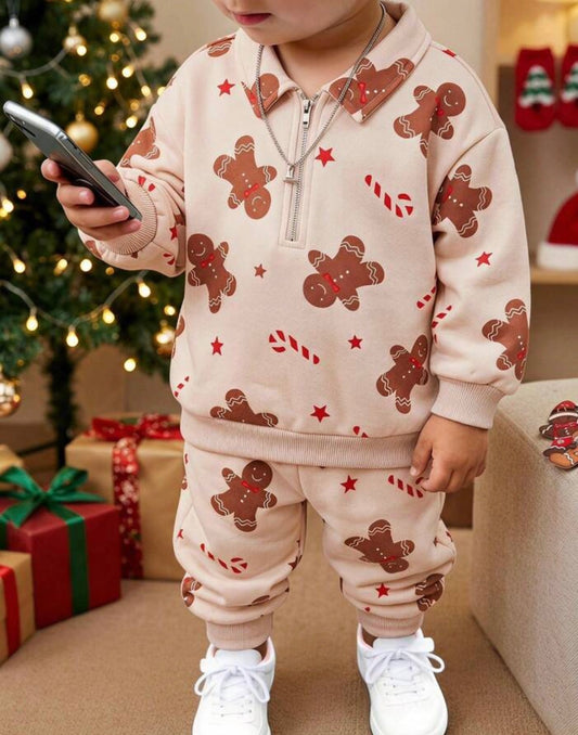 2pcs Cartoon Pattern Knit  Long Sleeve Half-Zip Pullover Top And Elastic Waist Pants Set