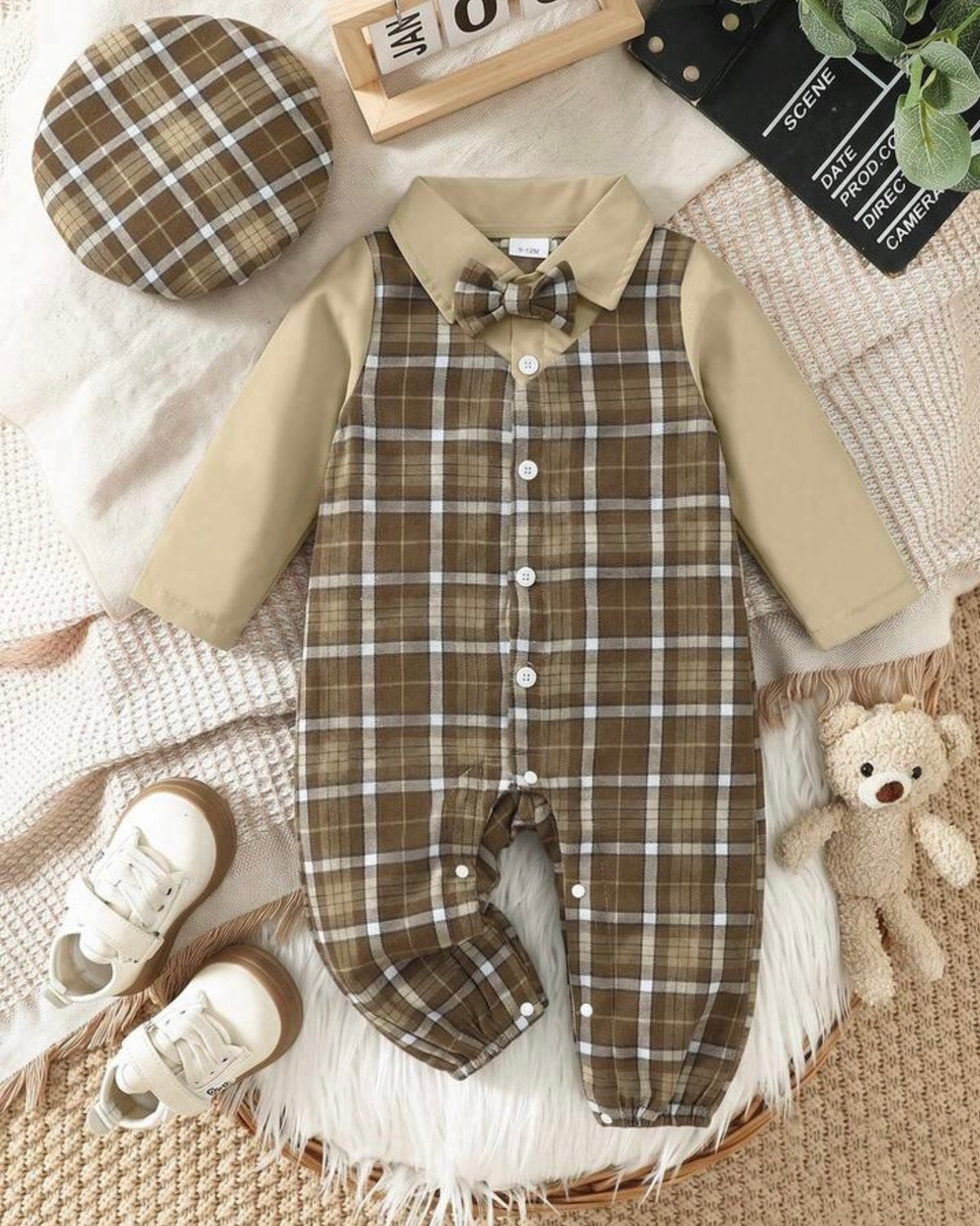 Patchwork Lapel Long Sleeve Jumpsuit + Cute Bowknot Collar Decoration + Plaid Hat, Autumn/Winter