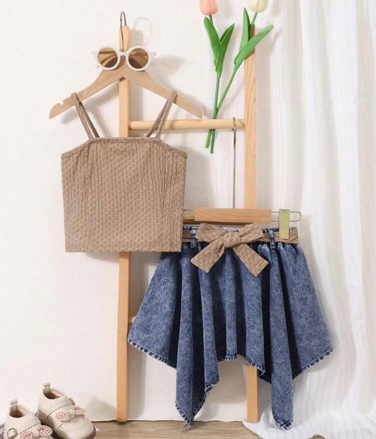 2pcs/Set Top & Asymmetrical Denim Skirt