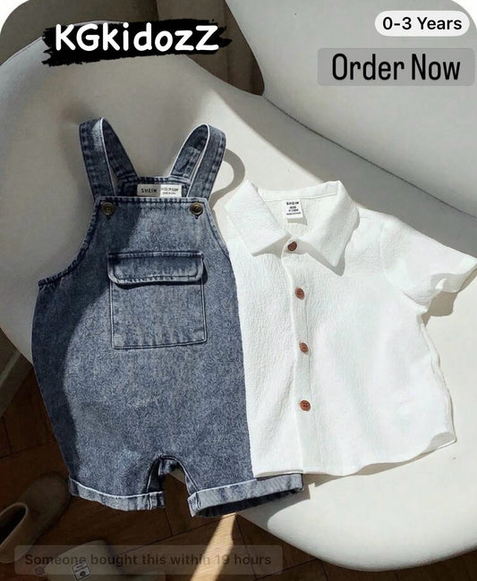 2pcs White Short Sleeve Shirt And Denim Overalls Romper Set