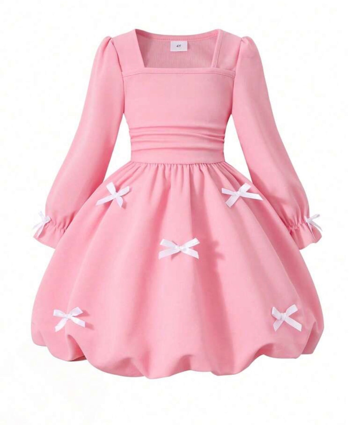 Square Neck Puff Long Sleeve Dress With Cinched Waist, Pleated Design Dress