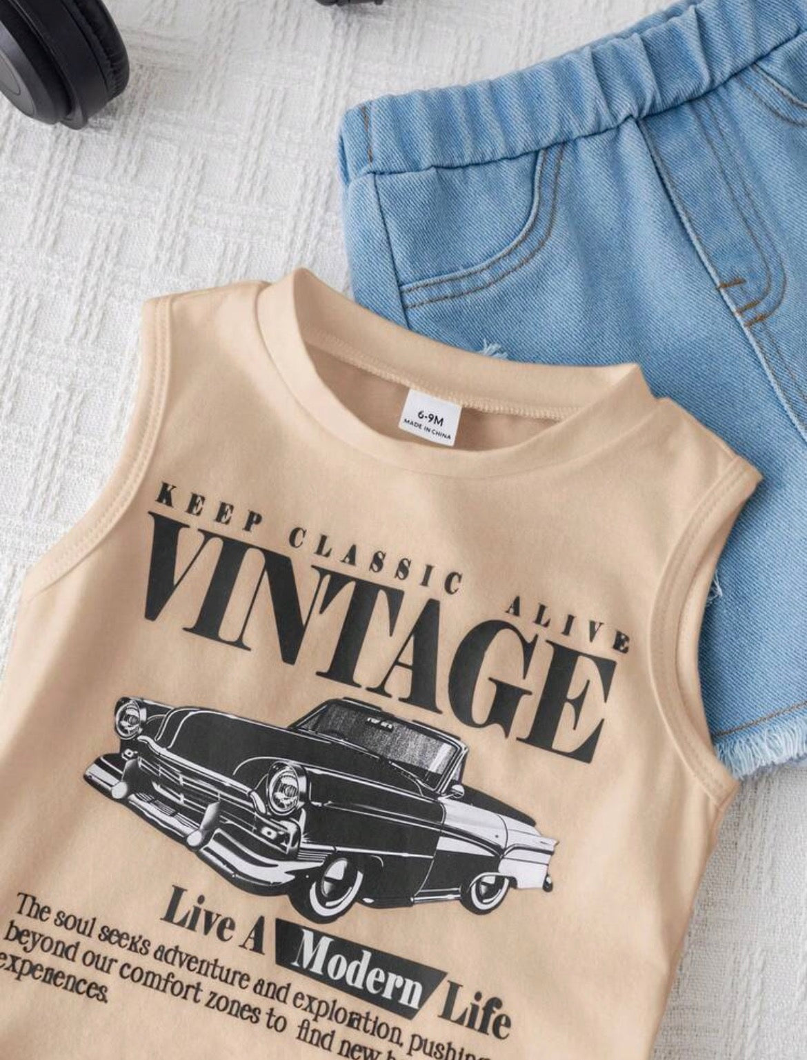2pcs Baby Boy Summer Casual Street Chic Car Graphic Tank Top And Denim Shorts Set