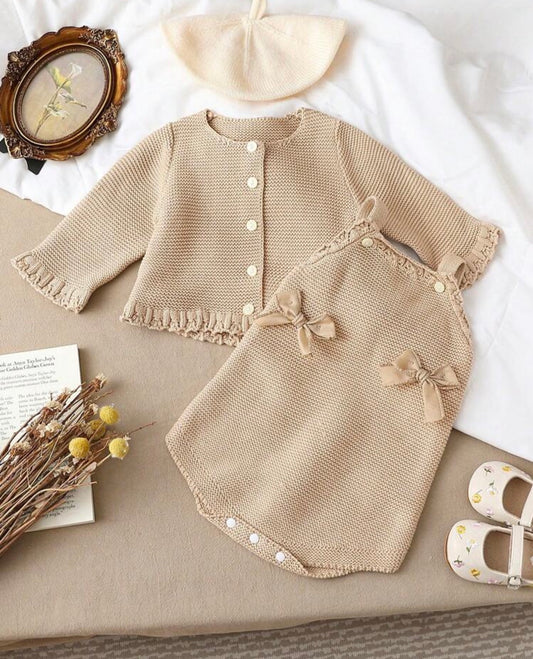 Flounce Sleeve Cardigan & Bow Front Cami Knit Bodysuit Autumn Fall