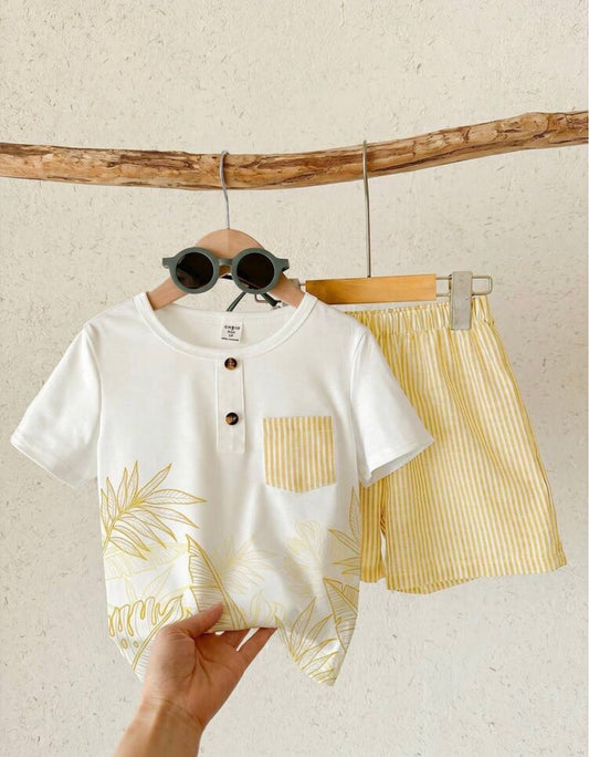 2pcs/Set Plant Pattern Short Sleeve T-Shirt And Striped Shorts