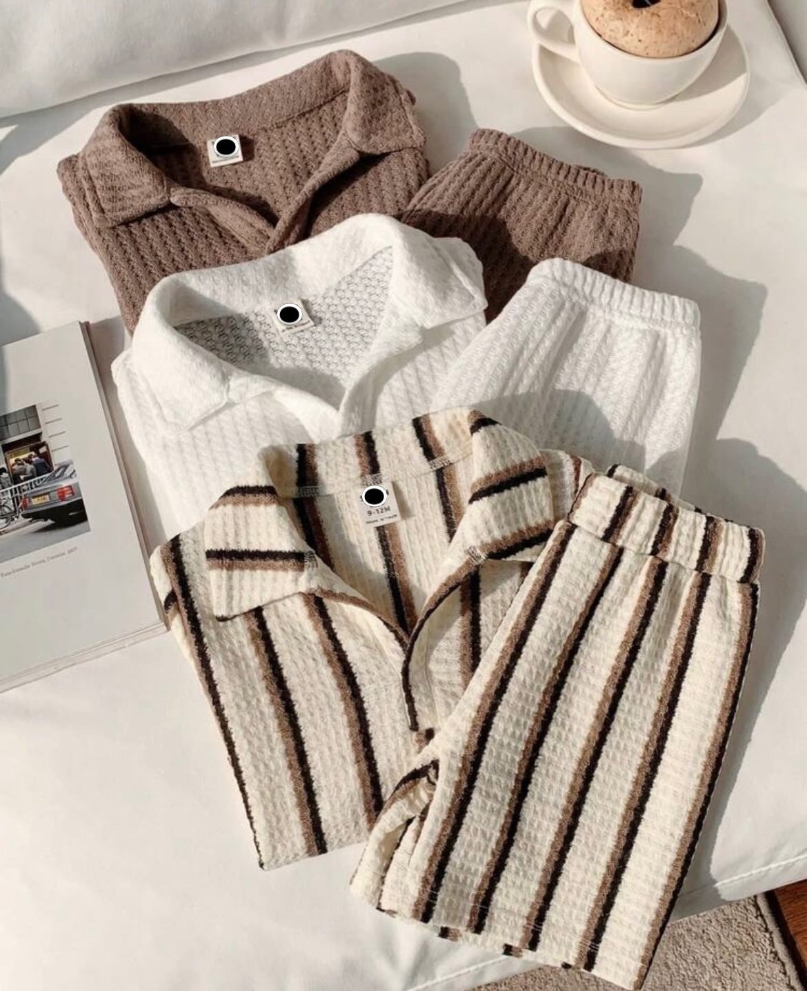 6pcs/Set Knit Striped Polo Shirt And Shorts Set