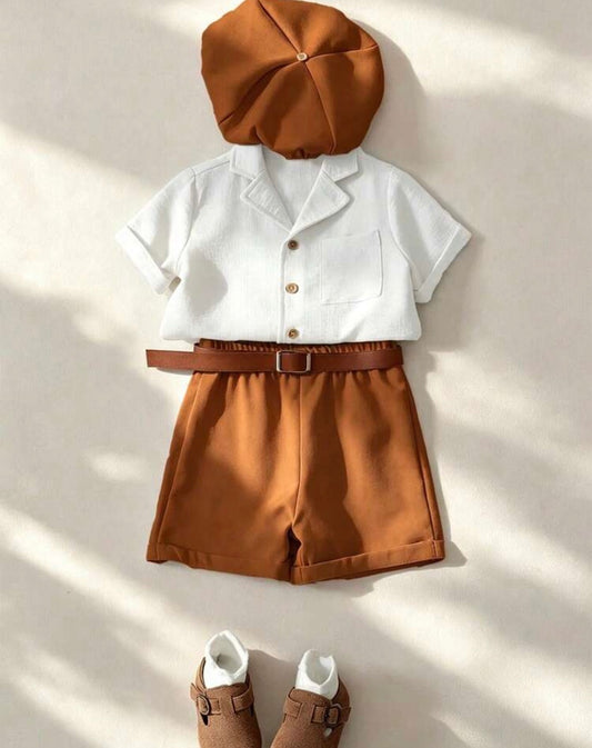 White Short Sleeve Polo Shirt,Regular Shorts,Hat