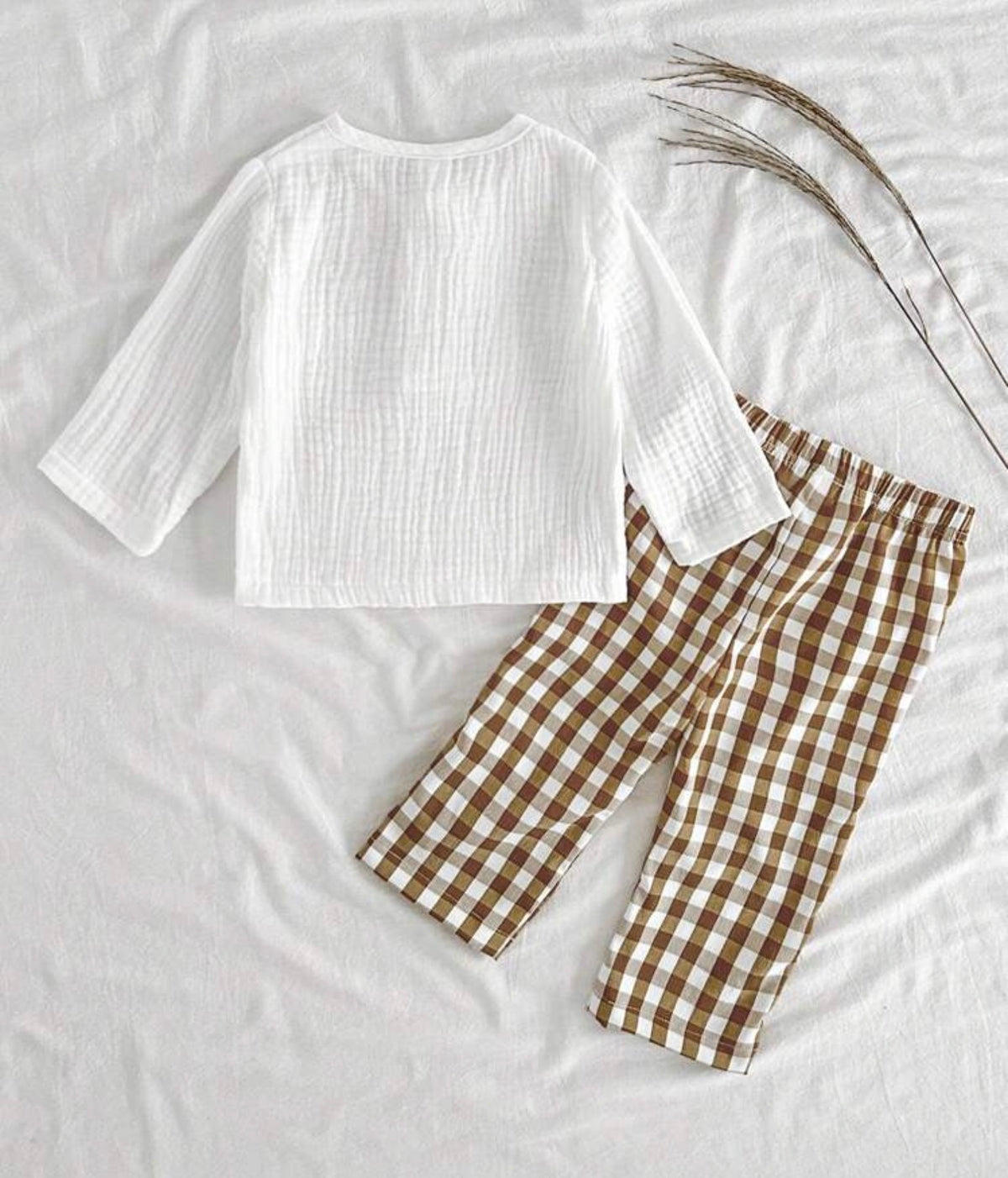 Elegant White Autumn Outfit,Long Sleeve Top With Plaid Pants