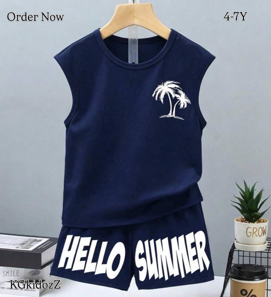 2pcs/Set Sleeveless Crew Neck Palm Tree Printed Top And Letter Shorts Outfit