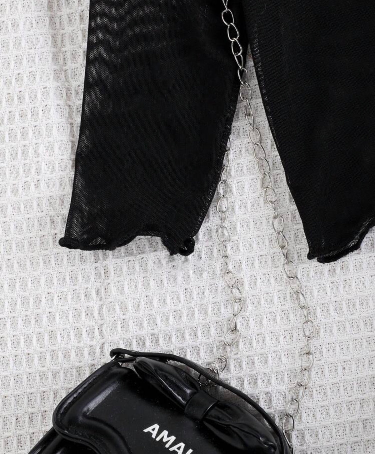 3pcs/Set Black Mesh Top, Matching Black Camisole, Blue Denim Pants