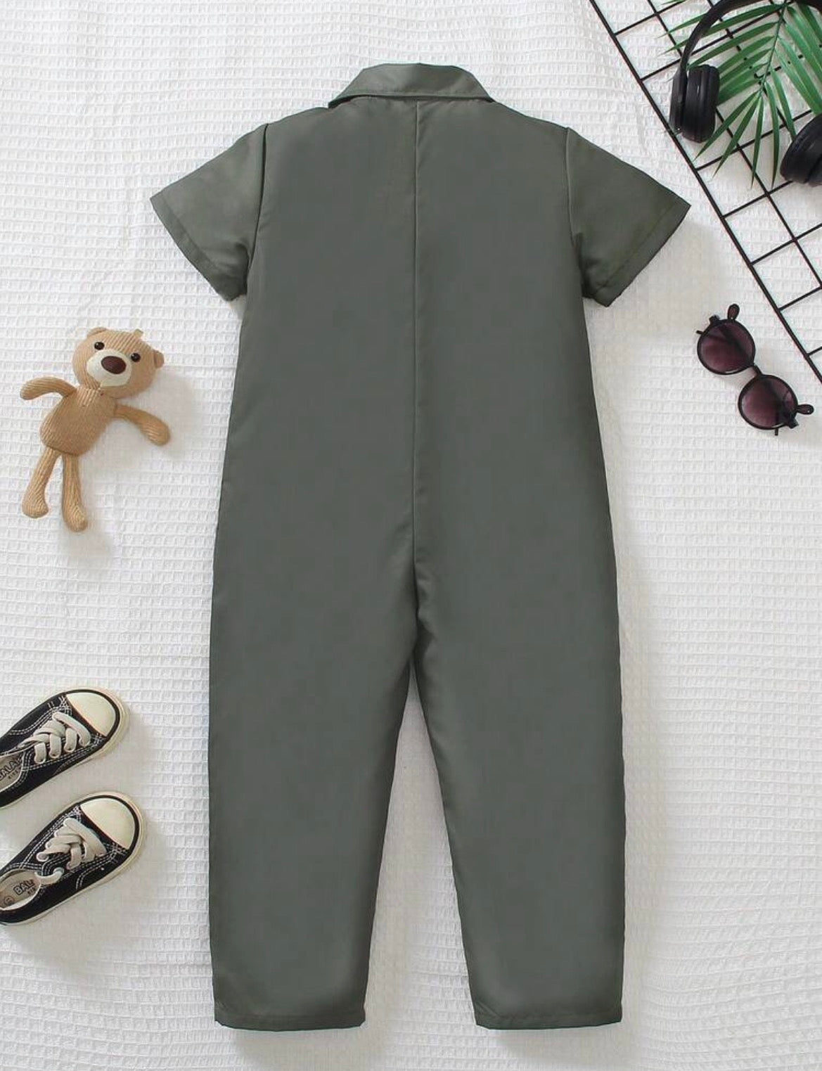 Military Green Short Sleeve Polo Collar A-Line Jumpsuit