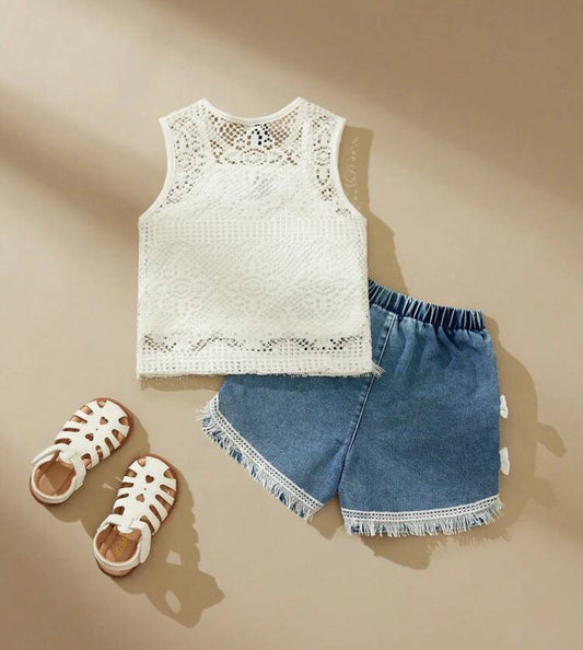3pcs/Set Crochet Hollow Tassel Top, White Top & Denim Shorts Set