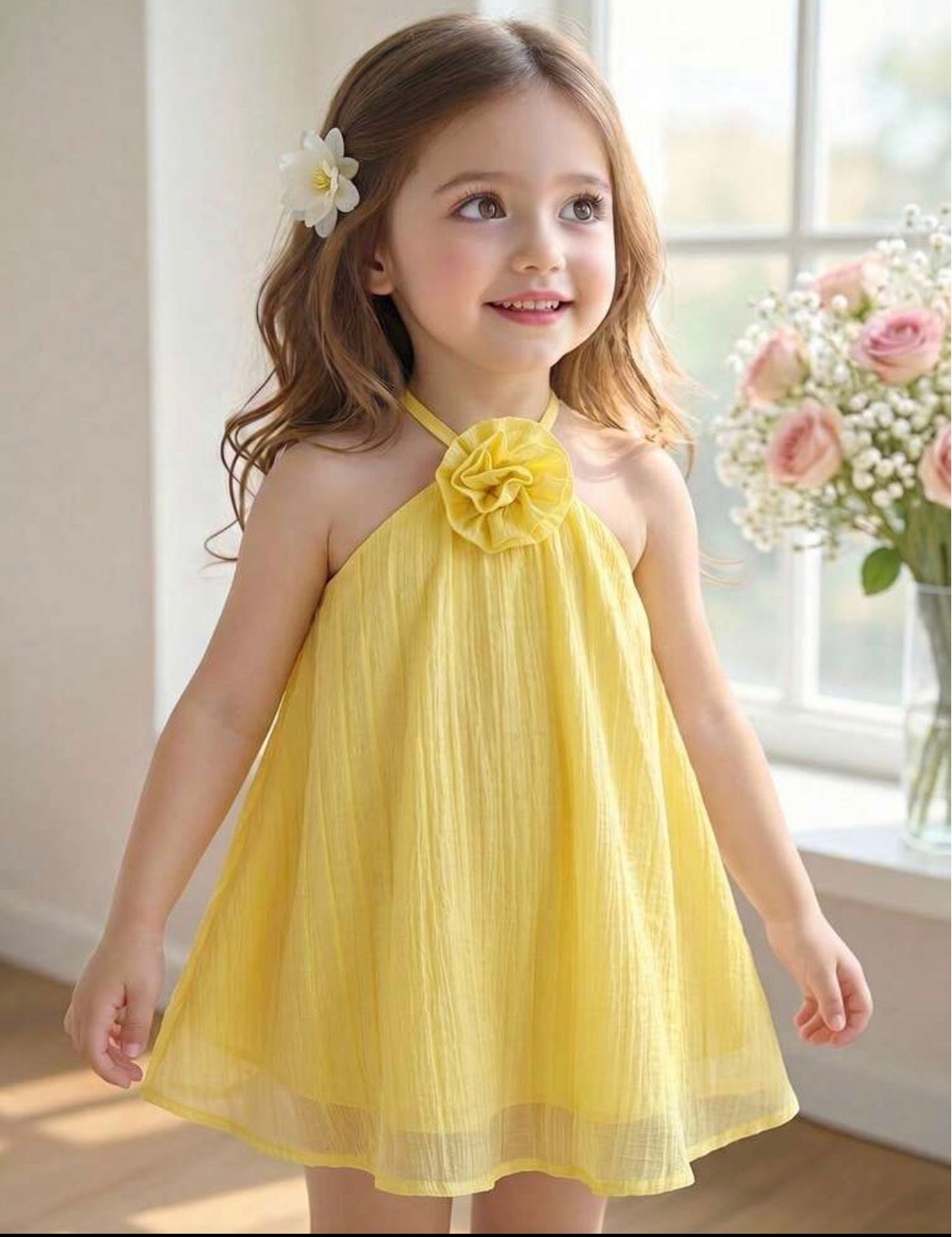 Yellow 3D Floral Halter Neck Dress