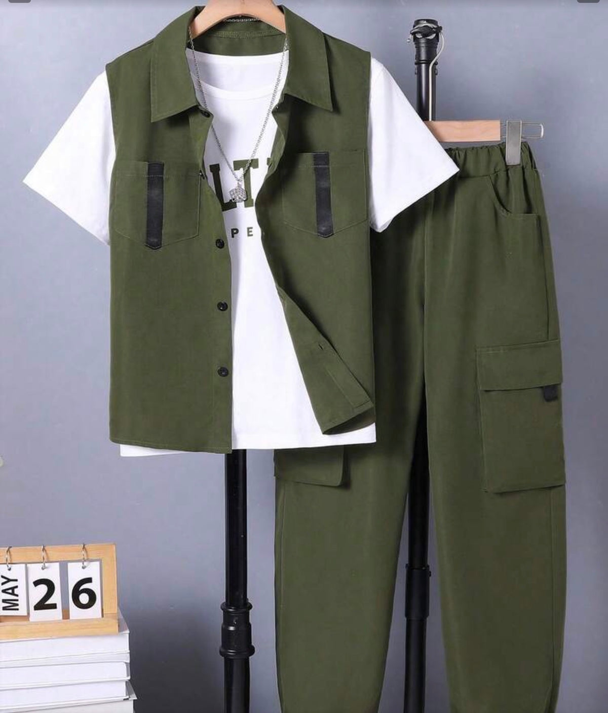3pcs/Set Collar Waistcoat & Short Sleeve T-Shirt & Pocket Cargo Pants