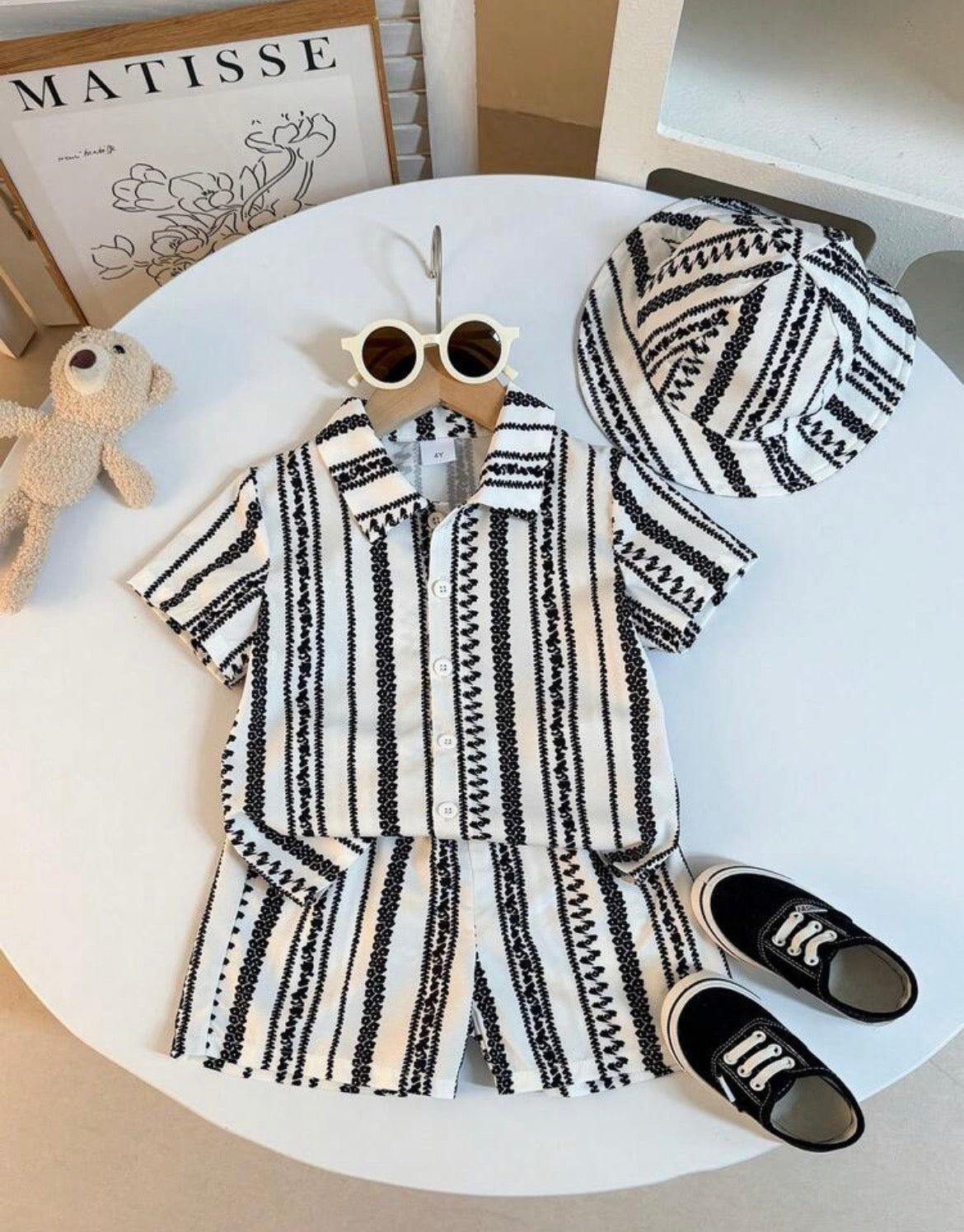 3pcs/Set Polo Collar Single-Breasted Short Sleeve Top Paired With Printed Shorts + Fisherman Hat