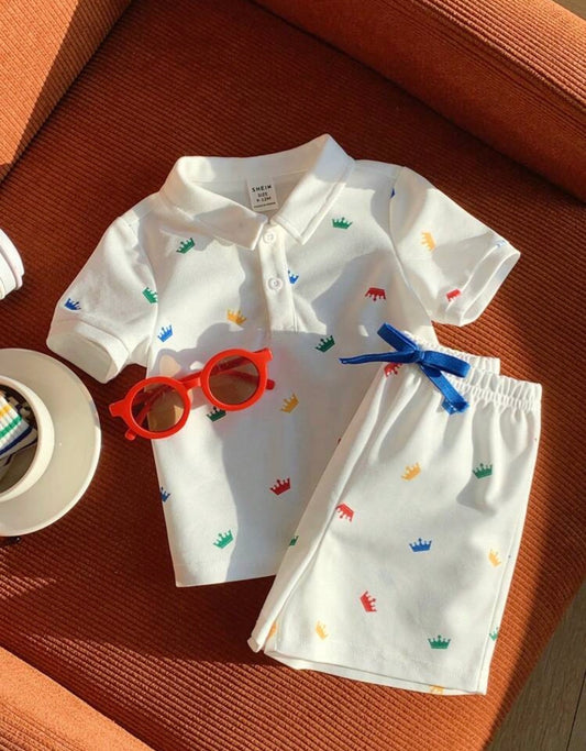 Crown Print Polo Shirt And Elastic Waist Shorts