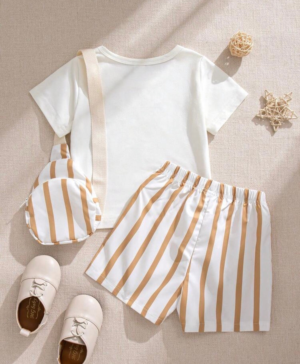 3-Piece Baby White Graphic Tee,Striped Shorts&Crossbody Bag