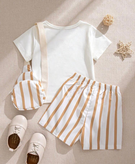 3-Piece Baby White Graphic Tee,Striped Shorts&Crossbody Bag