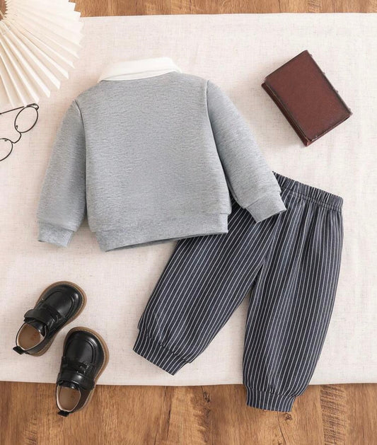 2pcs 2 In 1 Knit Contrast Color Turn Collar Long Sleeve Sweatshirt Set