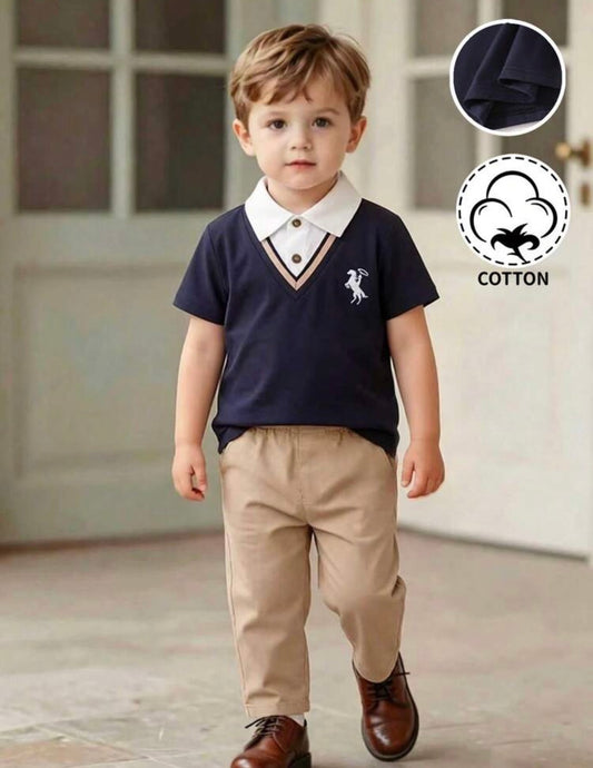 2pcs/Set Polo Shirt With 2 In 1 Design, Stylish Small Pattern Accent, Paired With Beige Casual Elastic Waist Loose Pants