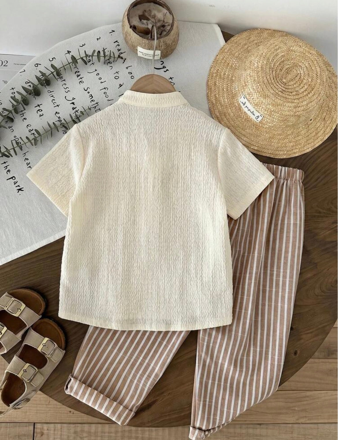 2pcs Woven Solid Color Casual Shirt And Striped Pants Set