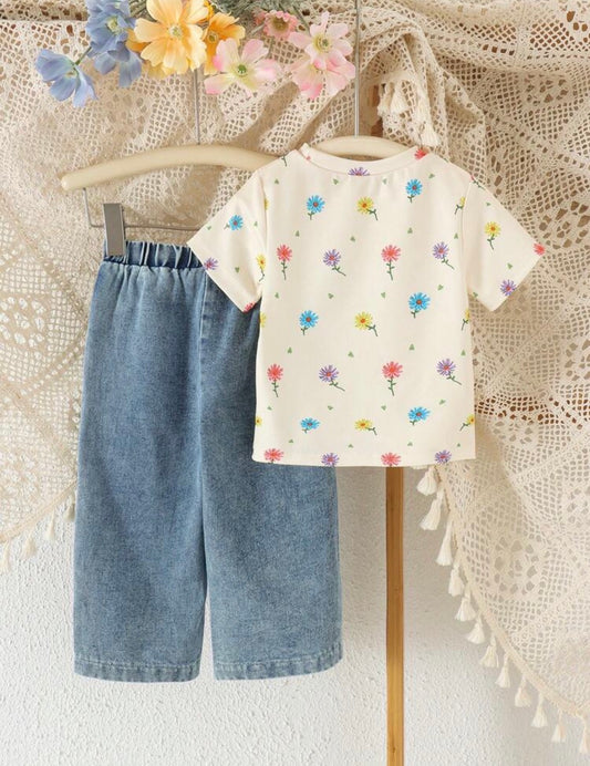 2pcs Round Neck Short Sleeve T-Shirt Paired With 3D Embroidered Flower Denim Look Straight Leg Pants