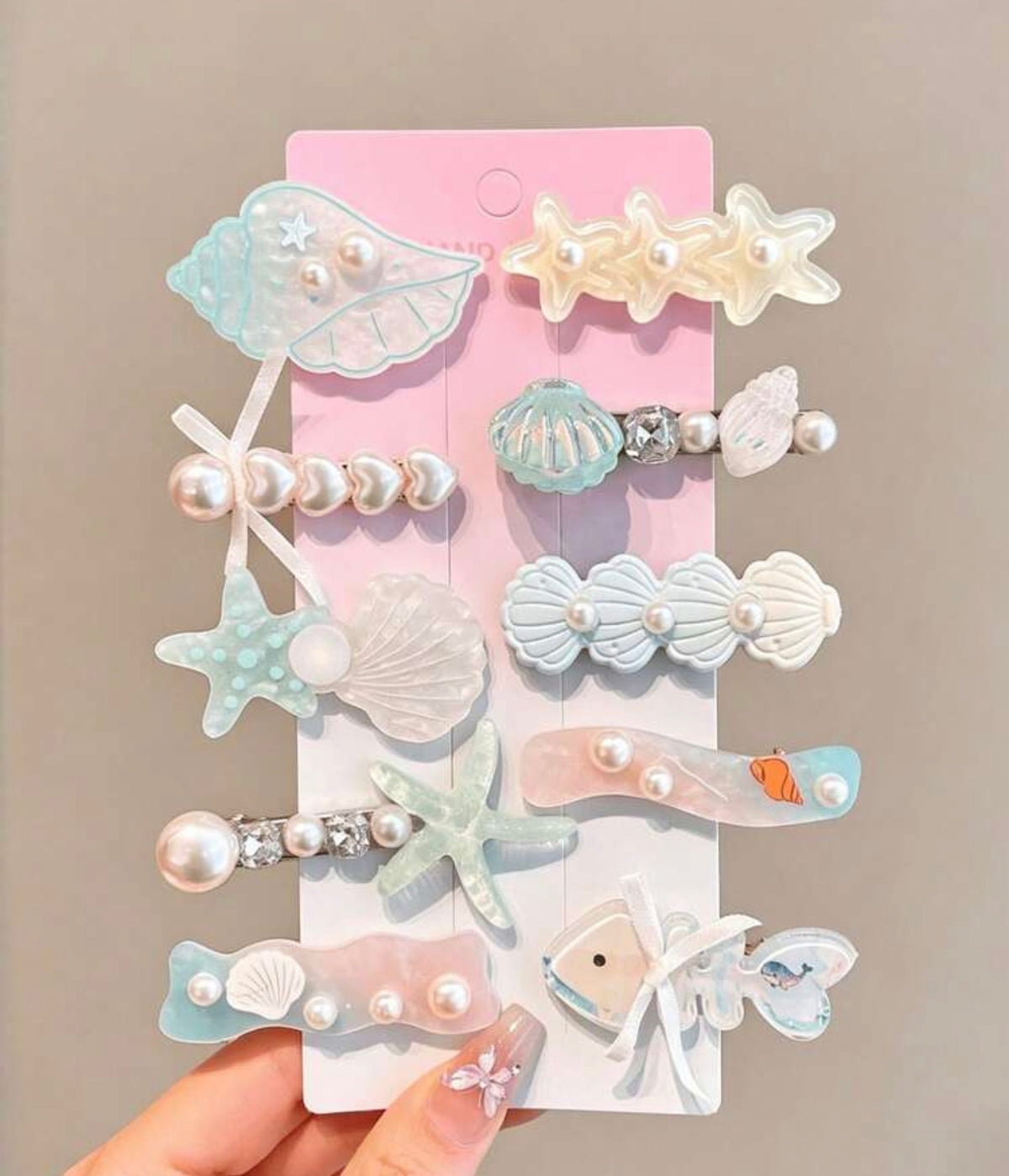 10pcs Cute Mermaid Hair Clips, Acrylic Shell & Star Hair Clips With Faux Pearl