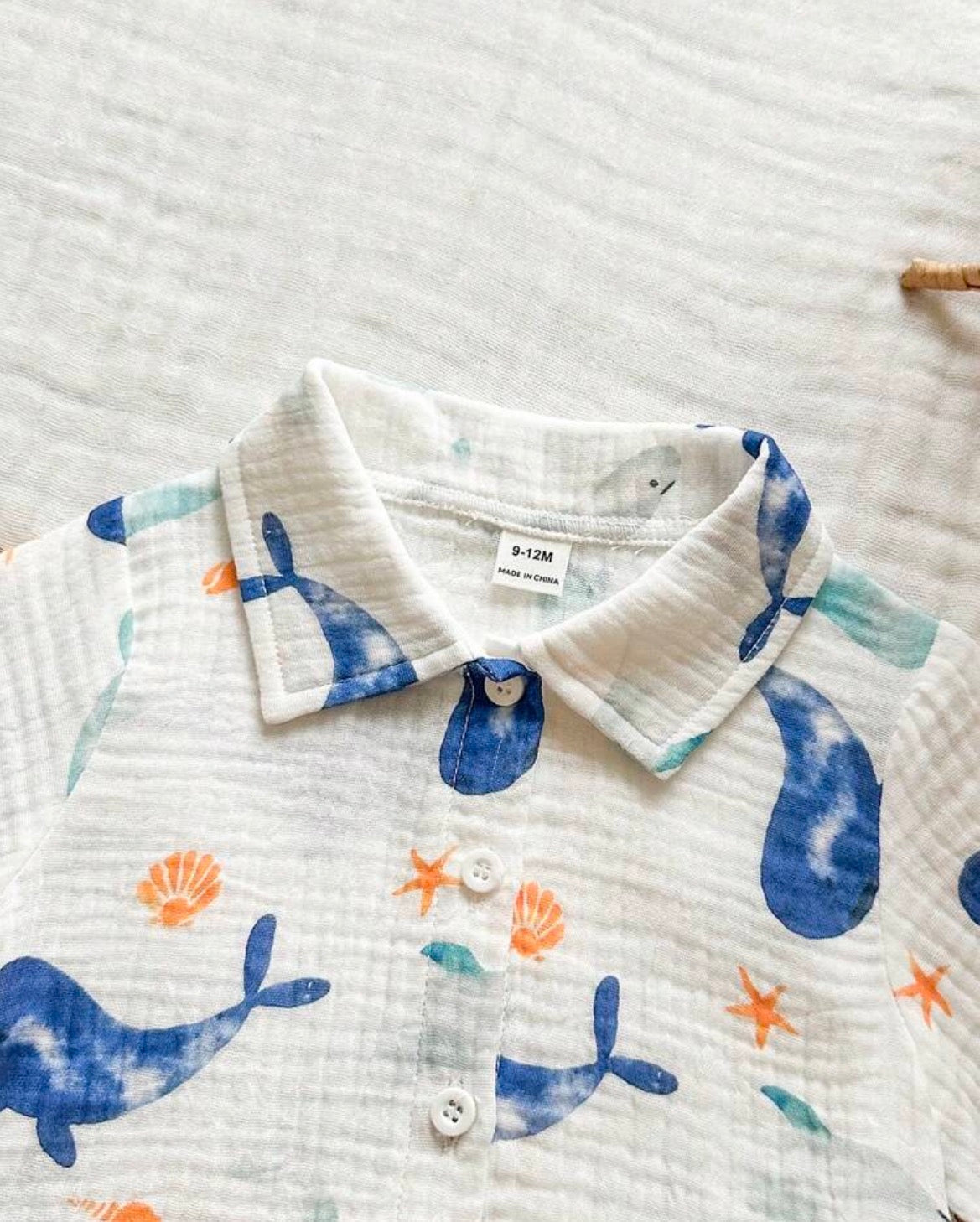 Dolphin Print Short Sleeve Button-Down Shirt And Shorts