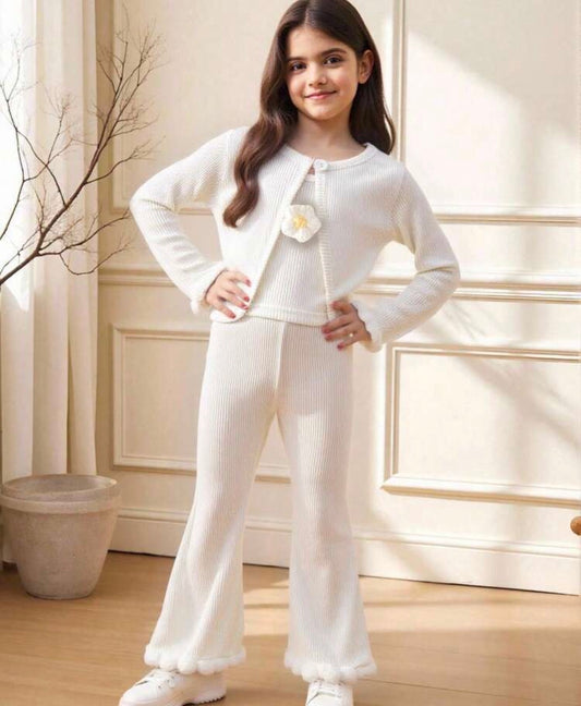 3pcs Knit Ribbed Long Sleeve Cardigan With Furry Flared Pants Winter