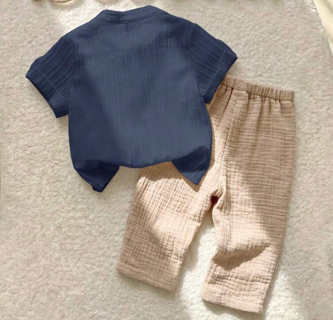 Grey Collared Shirt&Striped Elastic Waist Pants Set