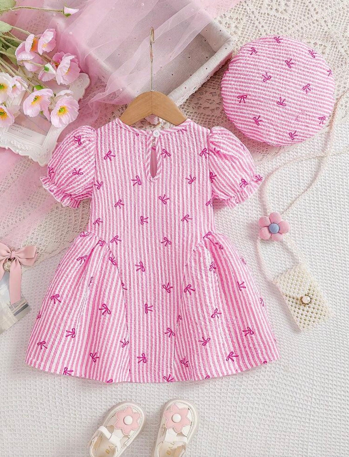 Pink And white Striped bow print