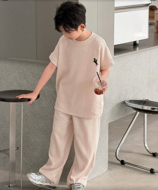 Korean Style Loose Fit Solid Color Beige Vest And Pants Set