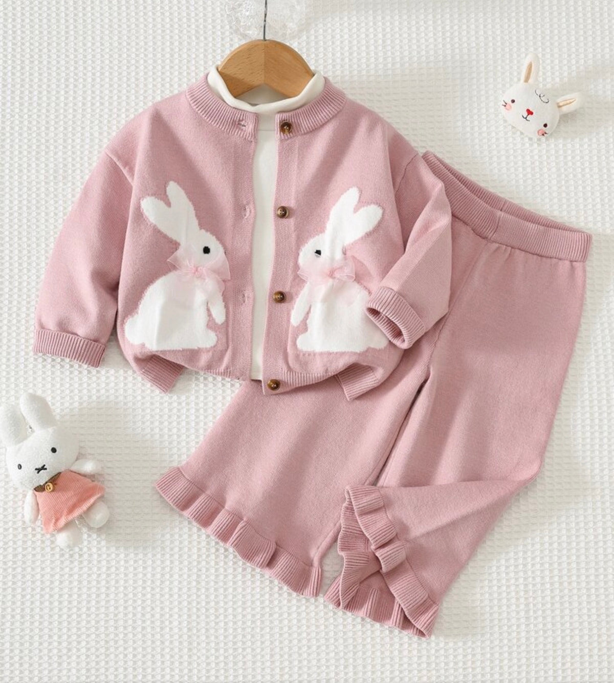 Rabbit Pattern 3D Bow Knitted Long Sleeve Button-Up Top Elastic Waist Long Pants 2-Piece Set