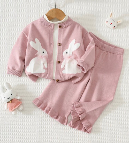 Rabbit Pattern 3D Bow Knitted Long Sleeve Button-Up Top Elastic Waist Long Pants 2-Piece Set