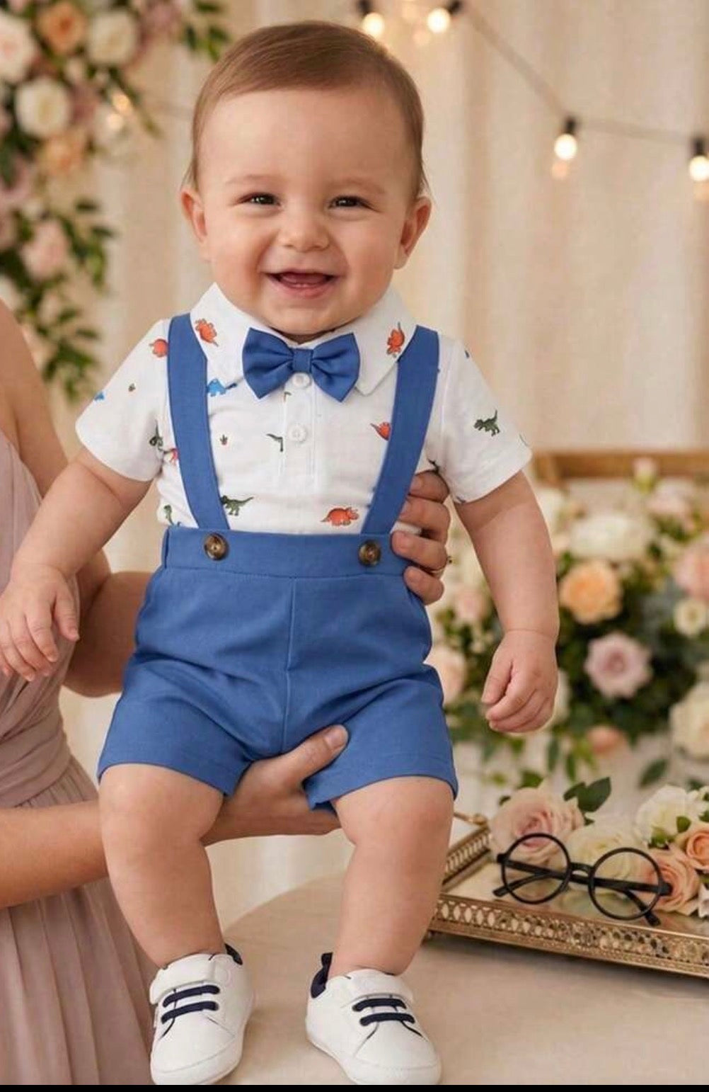 Romper With Bow Tie, White & Black Triangle Pattern Short Sleeve Shirt